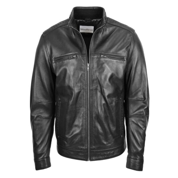 WeeBroz Men's Black Leather Biker Jacket Standing Collar Style - Image 1