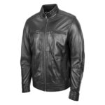 WeeBroz Men's Black Leather Biker Jacket Standing Collar Style - Image 4
