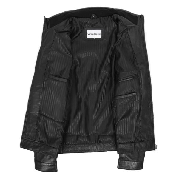 WeeBroz Men's Black Leather Biker Jacket Standing Collar Style - Image 6