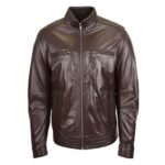WeeBroz Men's Brown Leather Biker Jacket Standing Collar Biker Style
