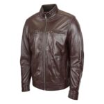 WeeBroz Men's Brown Leather Biker Jacket Standing Collar Biker Style - Image 3
