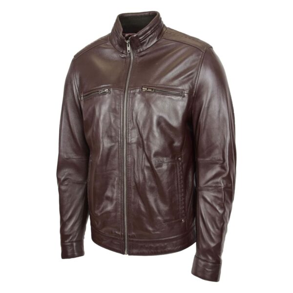 WeeBroz Men's Brown Leather Biker Jacket Standing Collar Biker Style - Image 3