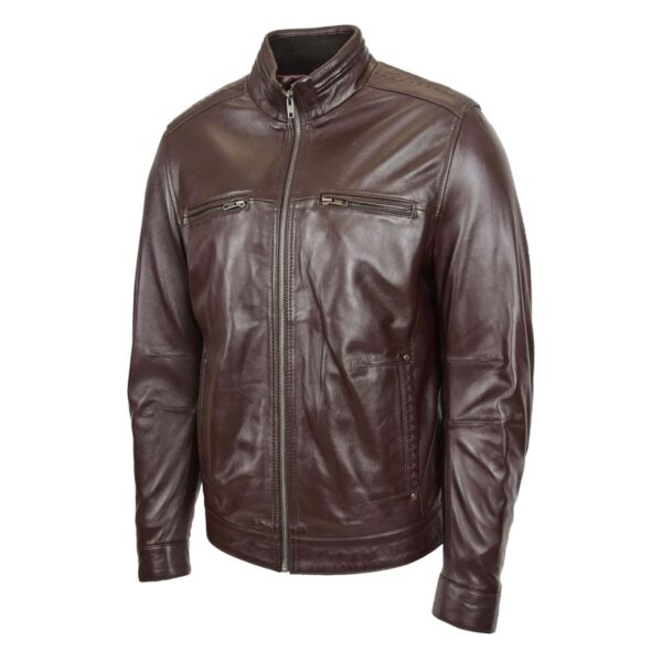 WeeBroz Men's Brown Leather Biker Jacket Standing Collar Biker Style - Image 4