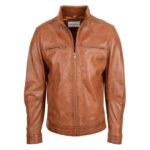 WeeBroz Men's Tan Leather Biker Jacket Standing Collar Biker Style