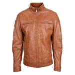 WeeBroz Men's Tan Leather Biker Jacket Standing Collar Biker Style - Image 3