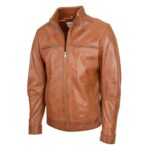 WeeBroz Men's Tan Leather Biker Jacket Standing Collar Biker Style - Image 4