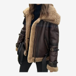 WeeBroz Women's Sheepskin B3 Bomber Jacket | RAF Aviator Pilot Flying Coat | Brown Double Collar Shearling Leather Jacket