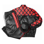 MCM Inspired Leather Tracksuit Set Black Red Jacket Pants with Leather Hat - Image 2