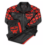 MCM Inspired Leather Tracksuit Set Black Red Jacket Pants with Leather Hat - Image 3