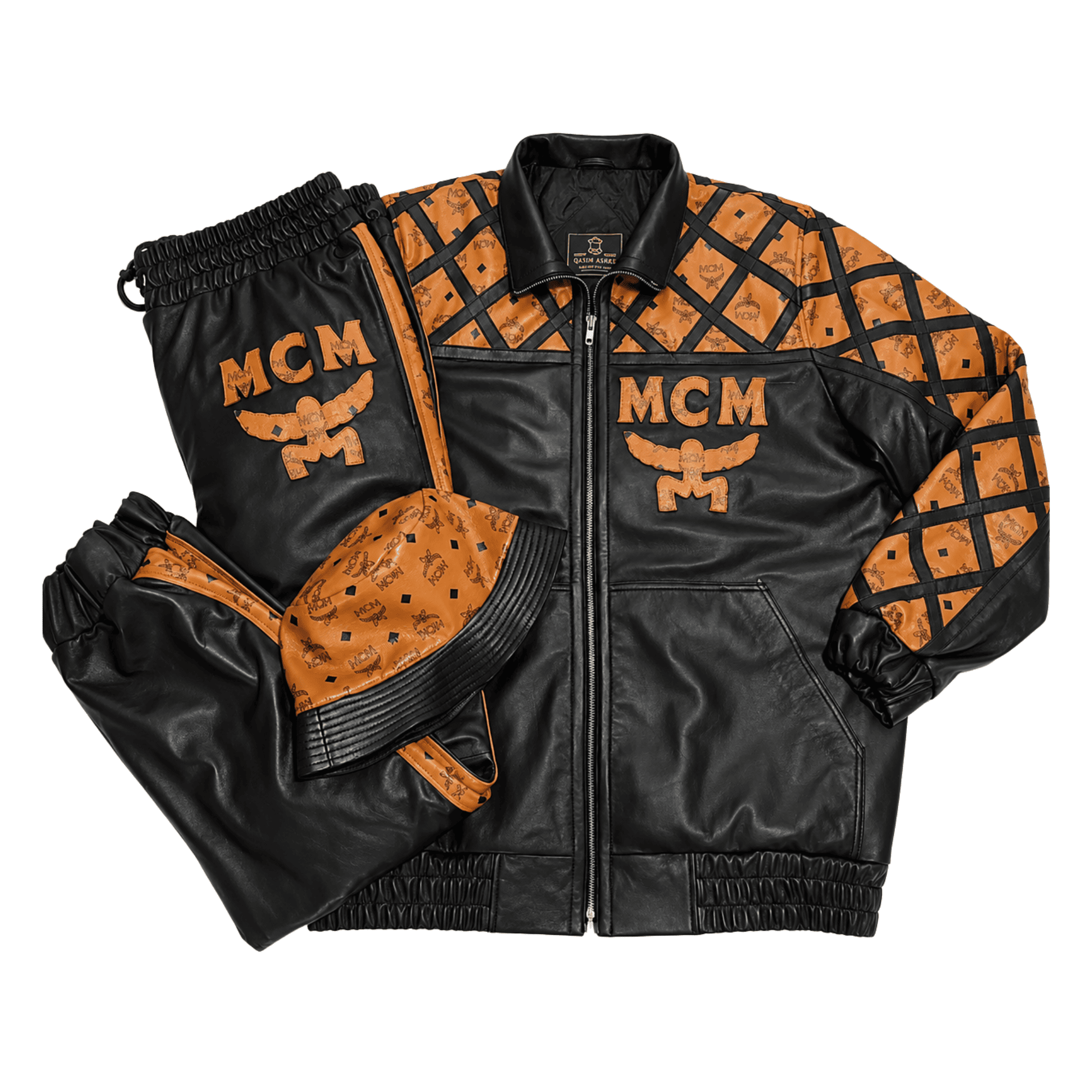MCM-Leather-Suit-Black-Tan-1 MCM Inspired Leather Tracksuit Set Black Brown Jacket Pants with Leather Hat - Image 1