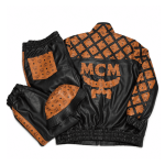 MCM Inspired Leather Tracksuit Set Black Brown Jacket Pants with Leather Hat - Image 2