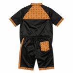 MCM Inspired Black Cognac Leather Tracksuit Jacket and Shorts Set - Image 2