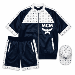 MCM Style Short Sleeve Leather Tracksuit Blue White Shorts Set with Hat