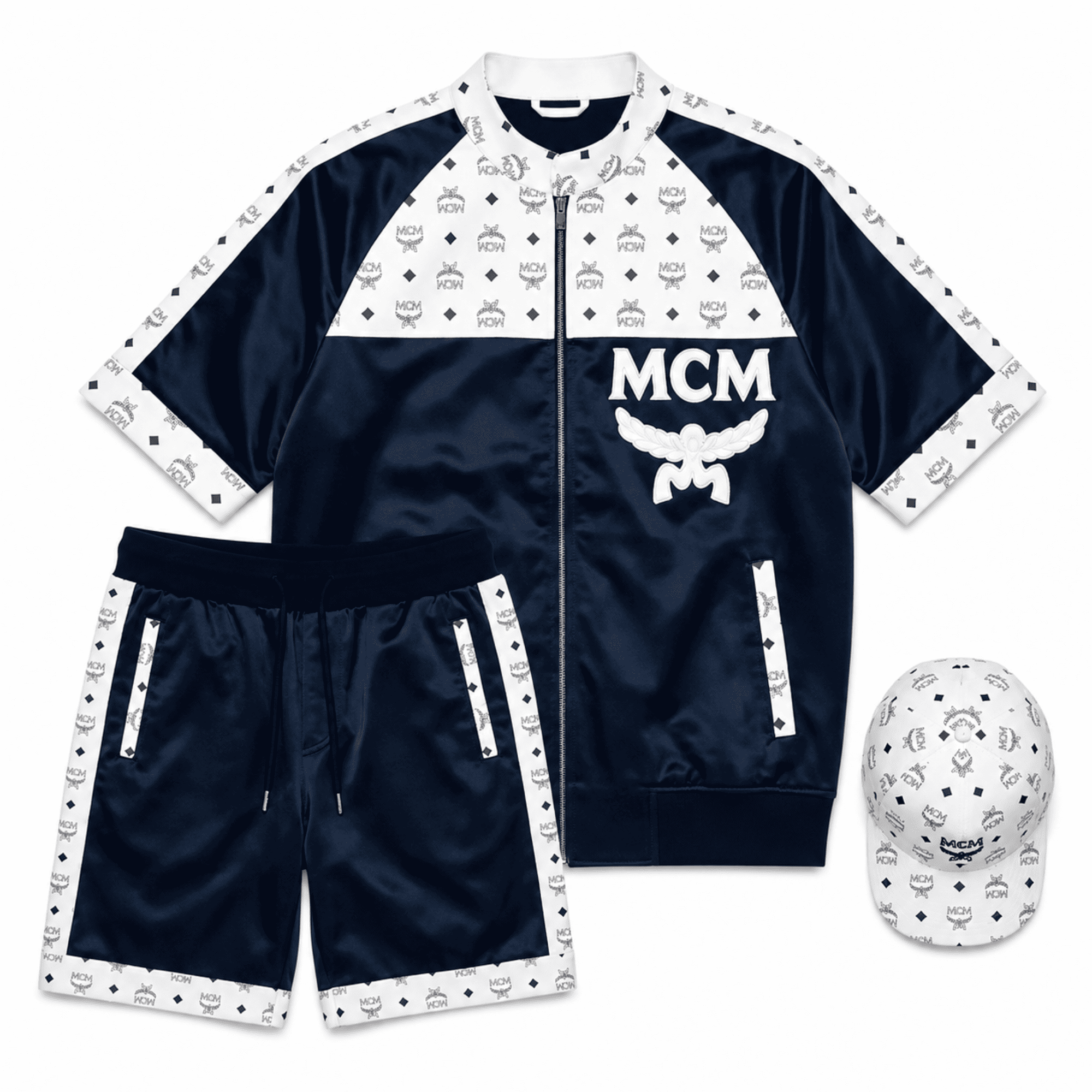 MCM-Leather-Suit-Shorts-Blue-White-1 MCM Style Short Sleeve Leather Tracksuit Blue White Shorts Set with Hat - Image 1