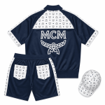 MCM Style Short Sleeve Leather Tracksuit Blue White Shorts Set with Hat - Image 2