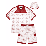 MCM Men’s Red White Monogram Leather Tracksuit T-Shirt Shorts Set with Hat