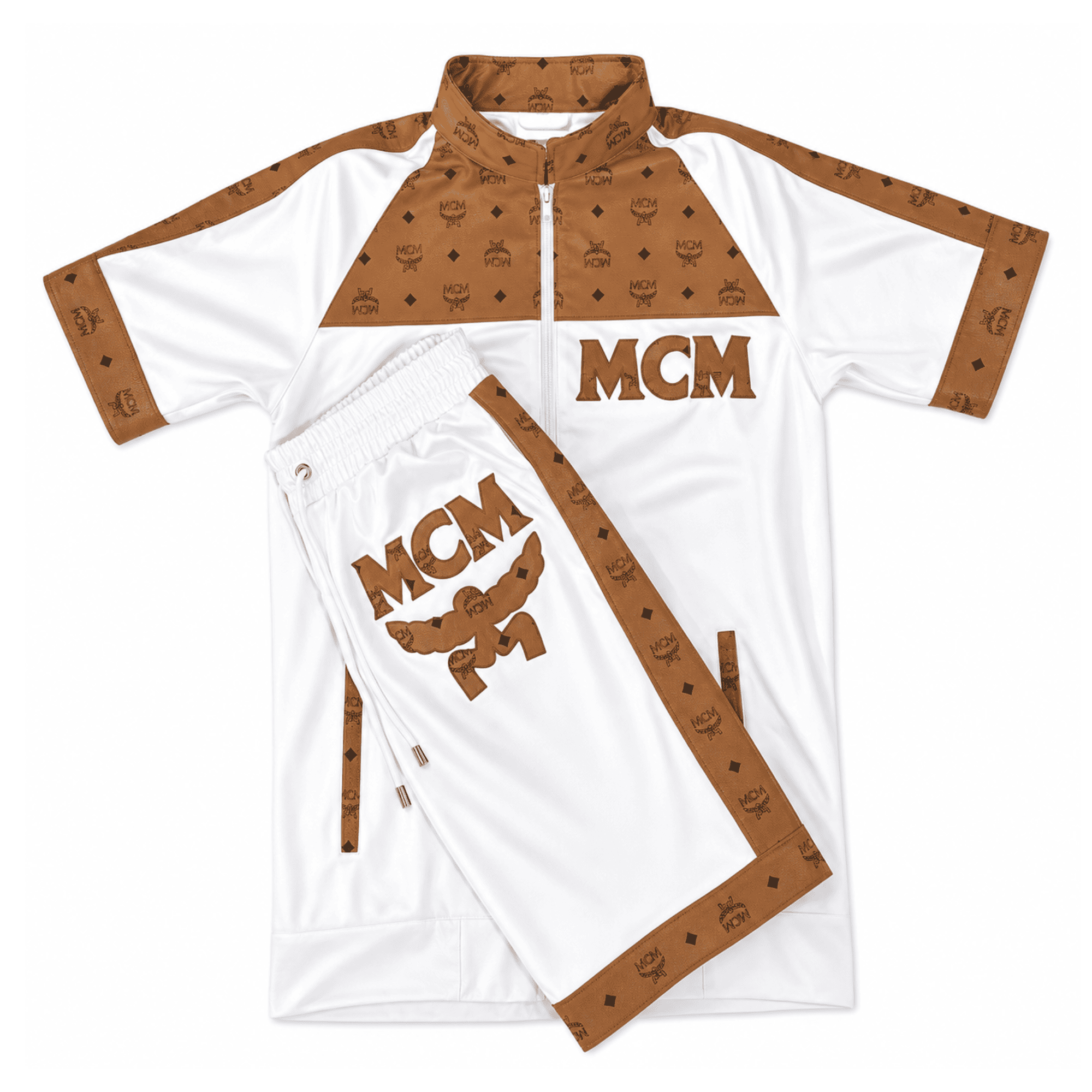 MCM-Leather-Suit-Shorts-White-Tan-1 MCM Style Short Sleeve Leather Tracksuit White Brown Matching Shorts Set - Image 1