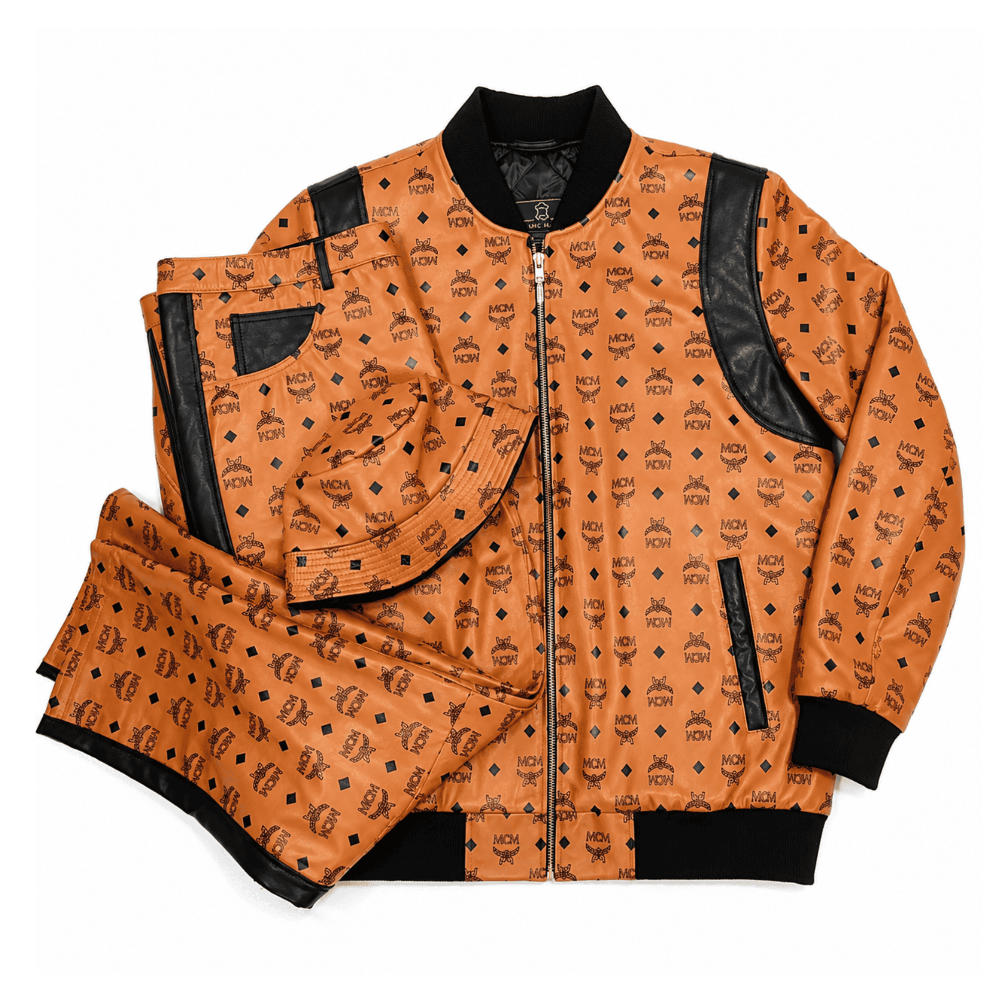 MCM-Leather-Suit-Tan-1 MCM Inspired Real Leather Tracksuit Black Cognac Signature Set with Leather Hat - Image 1