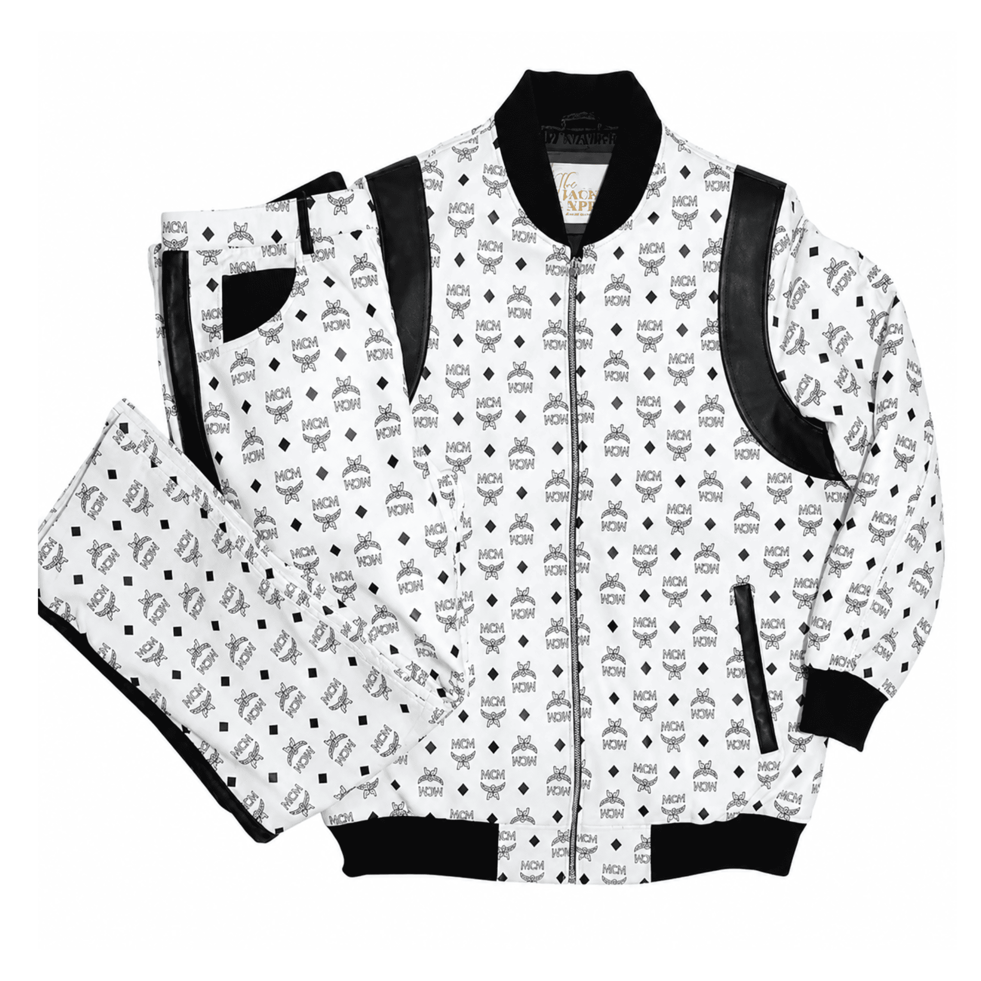 MCM-Leather-Suit-White-1 MCM Inspired Real Leather Tracksuit Black White Signature Set with Leather Hat - Image 1